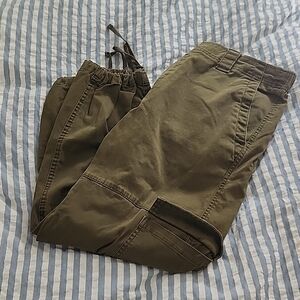 Green Cargo Pants with Adjustable Waistband and Distressed Look